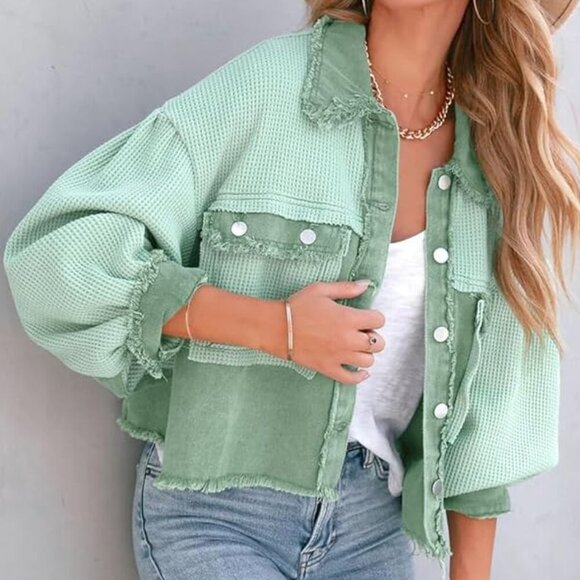 Boyfriend Lightweight Waffle Knit Button Cropped Spring Shacket Jacket - Picture 4 of 4